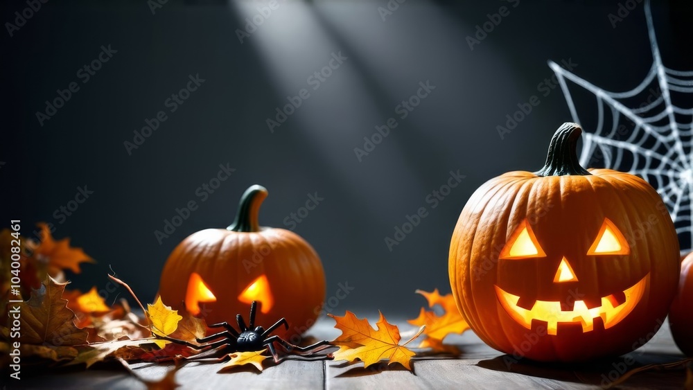 Fototapeta premium Halloween-themed image featuring carved pumpkins with glowing faces