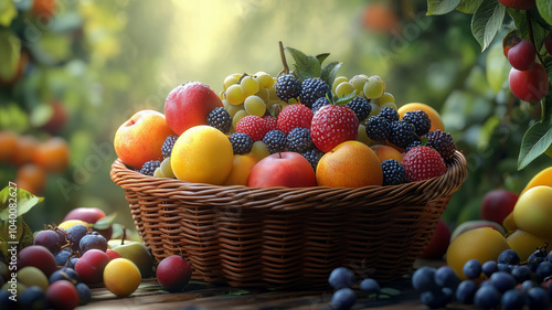 Vibrant and juicy organic fruits in wicker basket create delightful scene photo