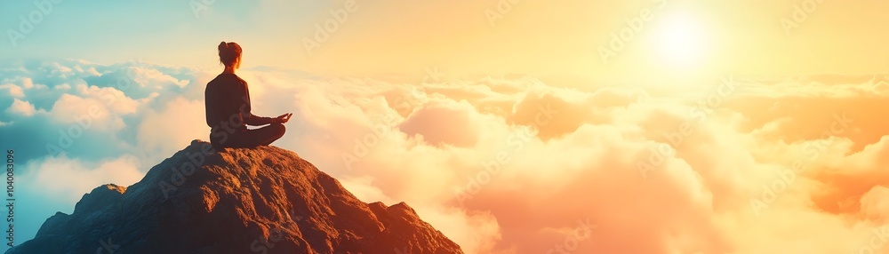 Person Practicing Mindfulness Meditation on Mountain Peak with Radiant Sky Person Practicing Mindfulness Meditation on Mountain Peak with Radiant Sky