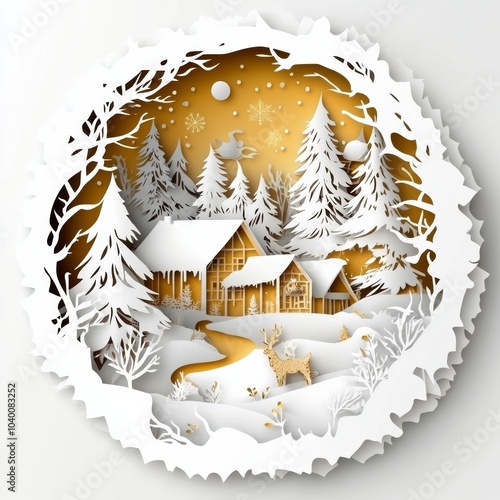 Winter christmas composition in paper cut style ,white and gold style
