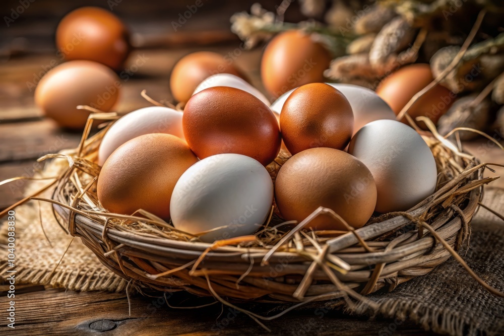 Brown and White Eggs in a Rustic Setting Brown and White Eggs in a Rustic Setting