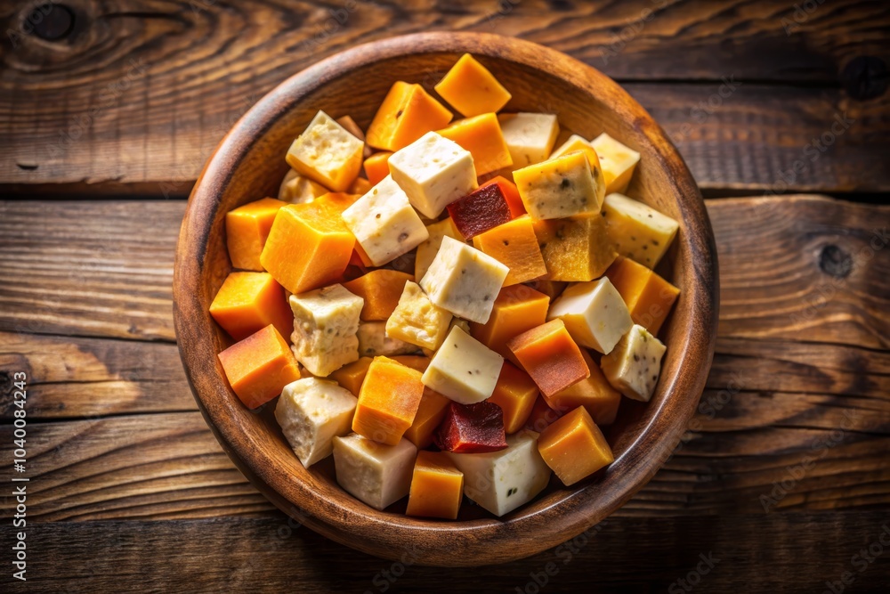 Assorted Cheese Cubes in Wooden Bowl on White Background Assorted Cheese Cubes in Wooden Bowl on White Background