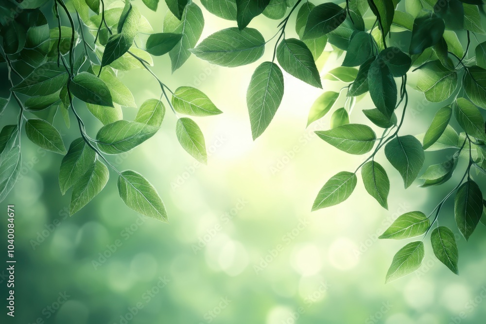 Fresh green leaves hanging in sunlight within a peaceful forest during spring season Fresh green leaves hanging in sunlight within a peaceful forest during spring season