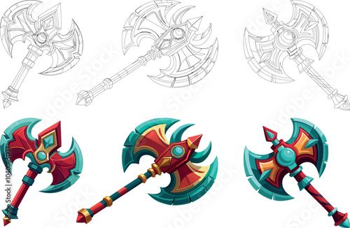 Detailed Concept Design of Fantasy Battle Axes Showcasing Various Styles and Colors