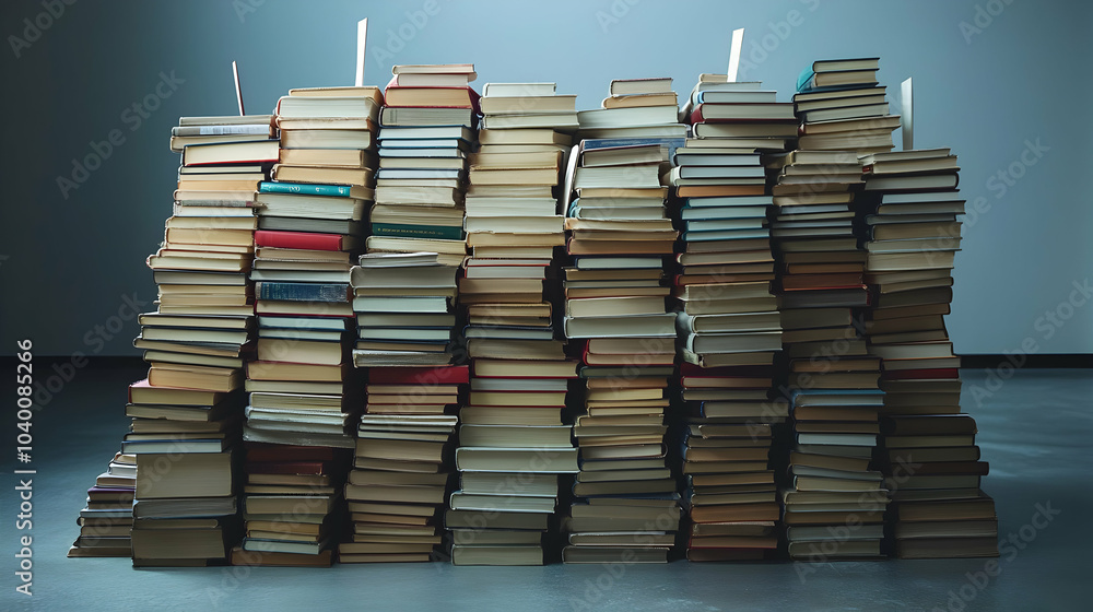 Large Stack of Hardcover Novels with Colorful Bookmarks Sticking Out, Ideal for Book Lovers and Literature Enthusiasts Large Stack of Hardcover Novels with Colorful Bookmarks Sticking Out, Ideal for Book Lovers and Literature Enthusiasts