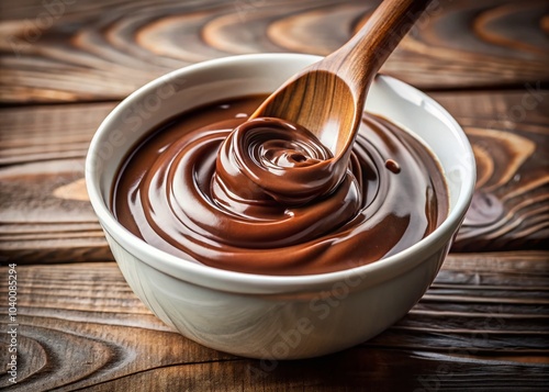 Melted Chocolate Delight in a White Bowl with Wooden Spoon - Indulgent Macro Photography