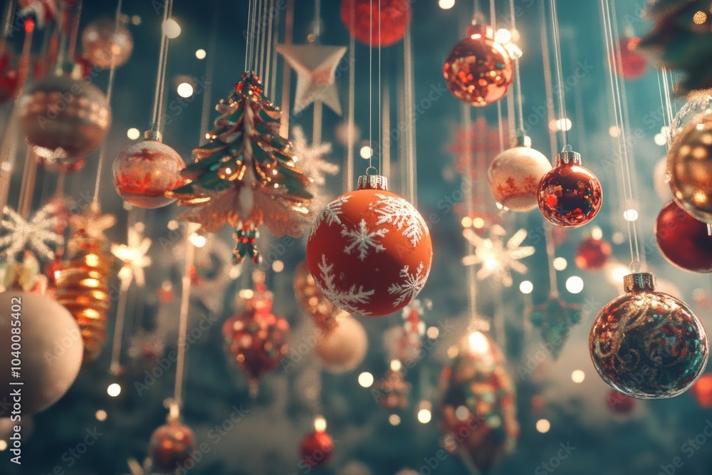 Christmas ornaments hanging from above. Christmas ornaments hanging from above.