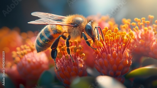 A Macro View of a Bee Pollinating a Vibrant Exotic Flower photo