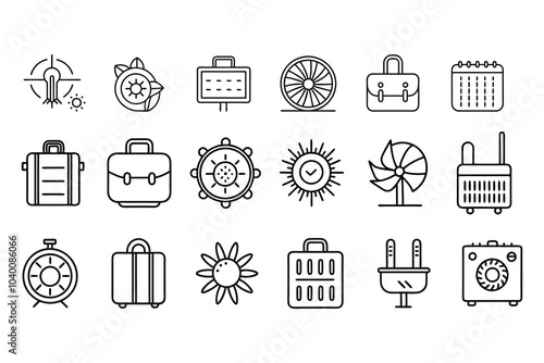 Simple Line Icons of Tools, Equipment, and Nature Elements