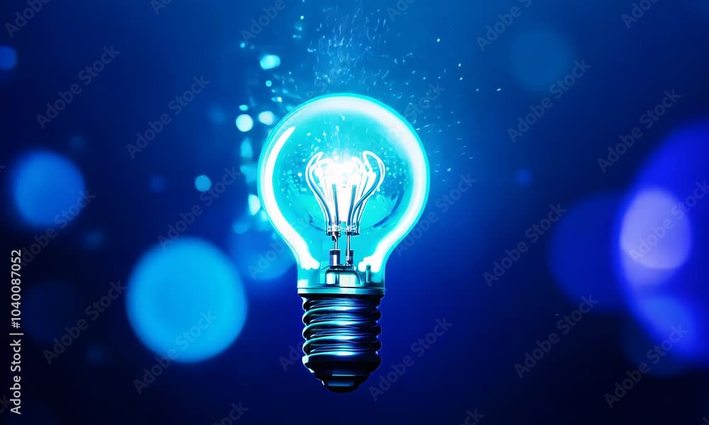 Blue Glowing Light Bulb with Shimmering Glitter Particles on Blue Background with Bokeh. New Business Ideas and Concepts Blue Glowing Light Bulb with Shimmering Glitter Particles on Blue Background with Bokeh. New Business Ideas and Concepts