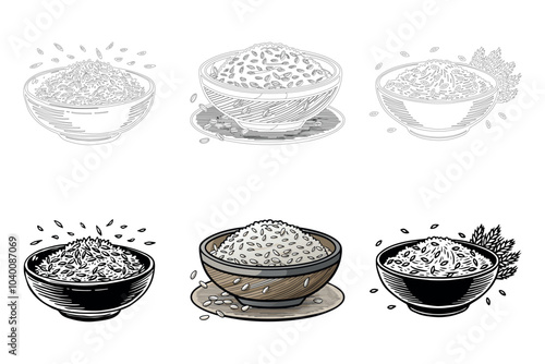 Different Types of Rice Presented in Bowls With Stylized Illustrations