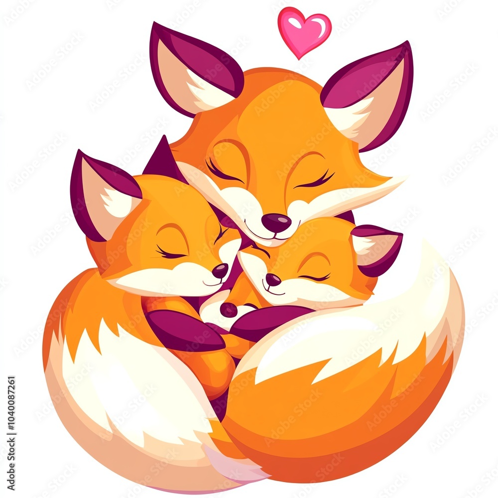 Obraz premium A cute illustration of a mother fox and her two kits, nestled together with warmth and love, surrounded by hearts.