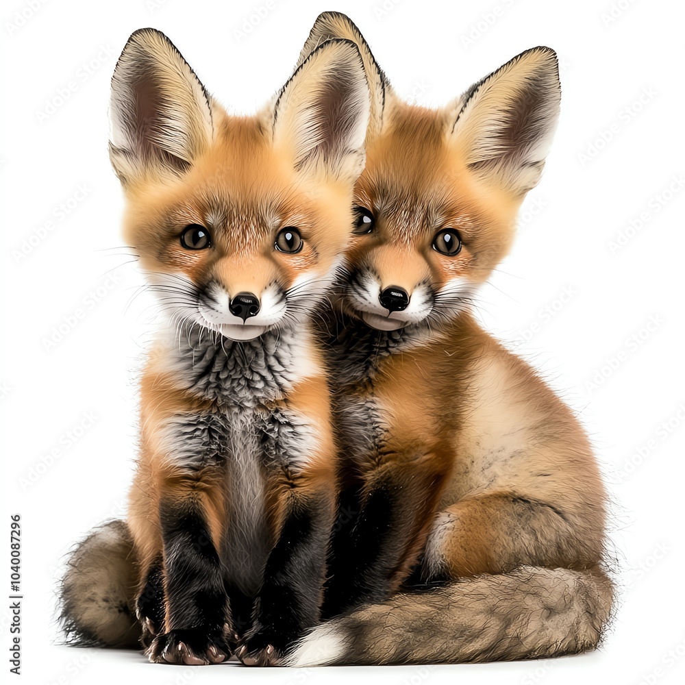 Obraz premium Two adorable red fox cubs sit closely together, showcasing their fluffy fur and playful expressions.