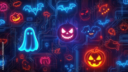 Vibrant neon outlines of spooky Halloween symbols like ghosts, pumpkins, and bats, set against a glowing circuit board background, representing the merging of technology and tradition. photo