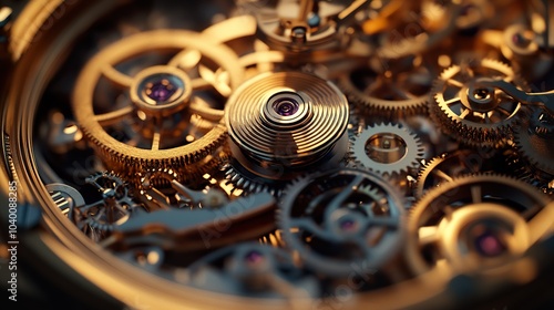 Close-up of an Intricate Clockwork Mechanism: A Detailed View of Gears and Springs