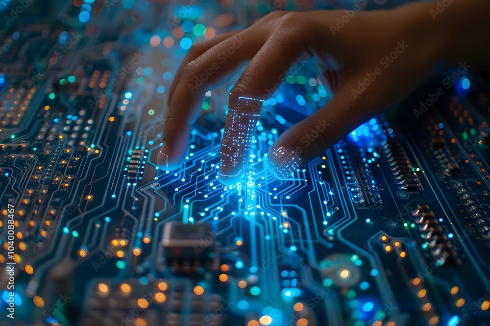 Obraz premium Exploring the Intricacies of Technology: A Hand Interacting with a Circuit Board