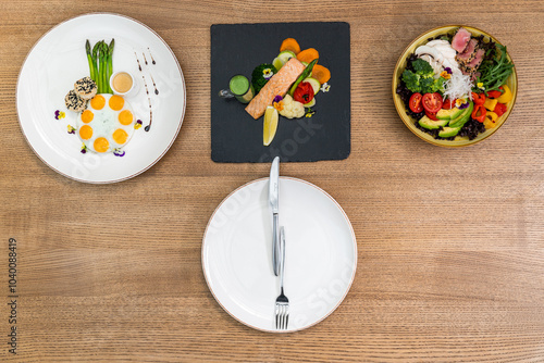 three healthy and balanced meals breakfast, lunch, and dinner nutritious eating and an active lifestyle, perfect for themes related to diet, fitness, and wellness