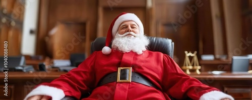 Santa Claus relaxing in a chair, surrounded by festive decorations, festive spirit, holiday cheer.