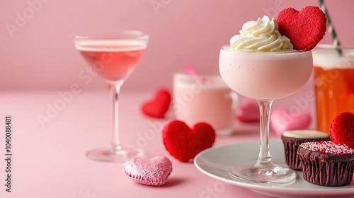 A delightful array of pink desserts and drinks, featuring heart-shaped treats, perfect for celebrations like Valentine's Day.