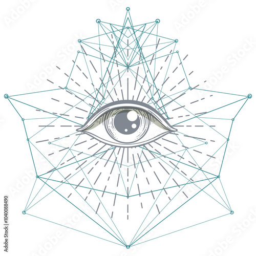 Sacred geometry symbol with all seeing eye over in acid colors. Mystic, alche...