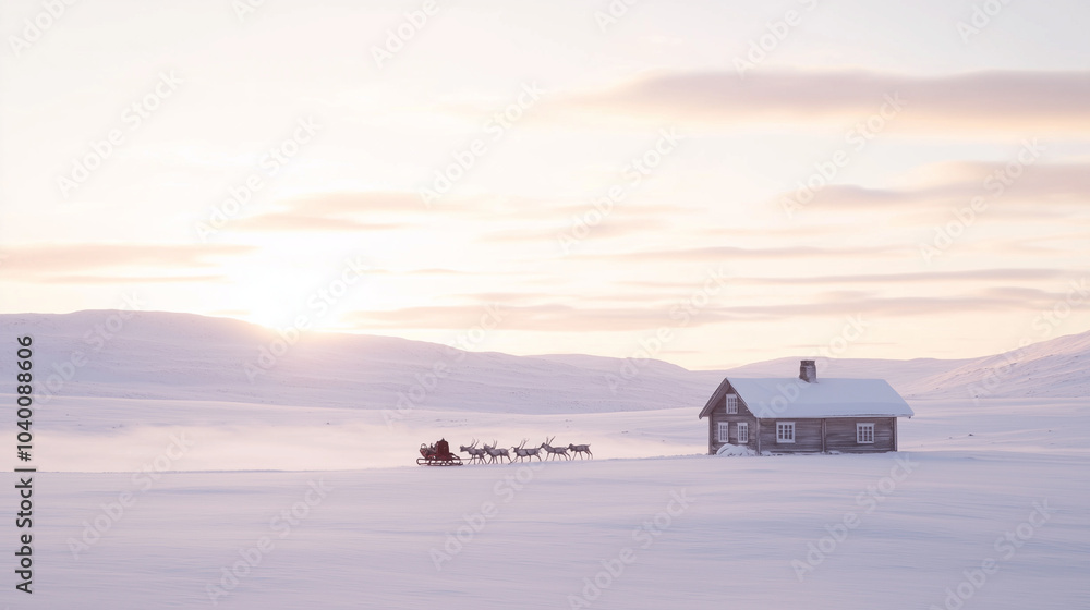 Santa sleigh parked by cozy cabin with reindeer in winter landscape Santa sleigh parked by cozy cabin with reindeer in winter landscape