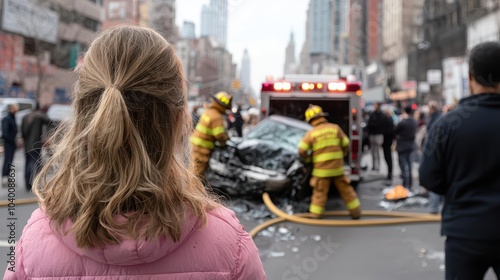 A concerned bystander watches as firefighters respond to a car accident in an urban setting. photo