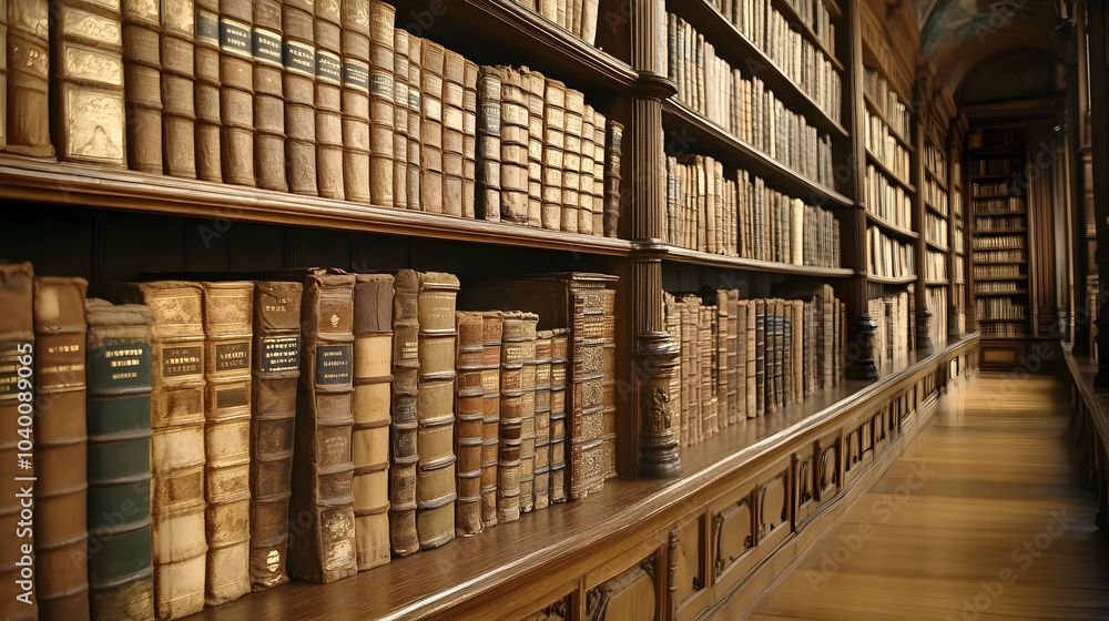 A Row of Antique Books on a Wooden Bookshelf in a Dimly Lit Library Setting A Row of Antique Books on a Wooden Bookshelf in a Dimly Lit Library Setting