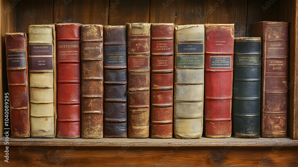 A Row of Historical Books on a Wooden Shelf in a Traditional Library Setting A Row of Historical Books on a Wooden Shelf in a Traditional Library Setting