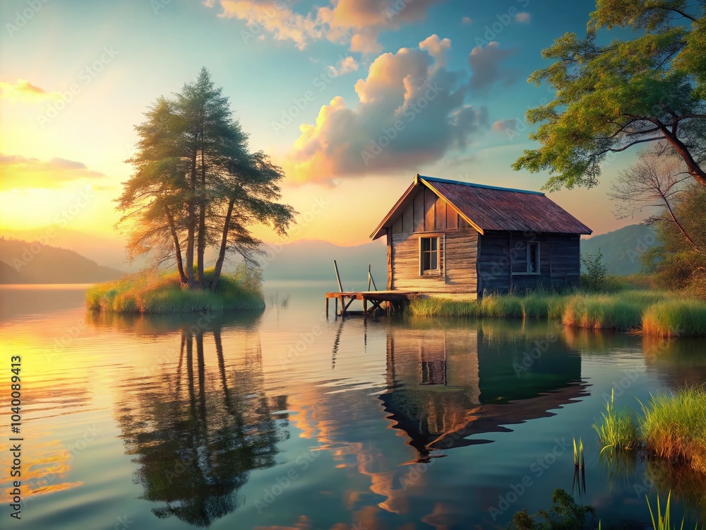 Fototapeta premium Minimalist Abandoned Shack on Lake Shore - Serene Nature Scene for Tranquility and Reflection