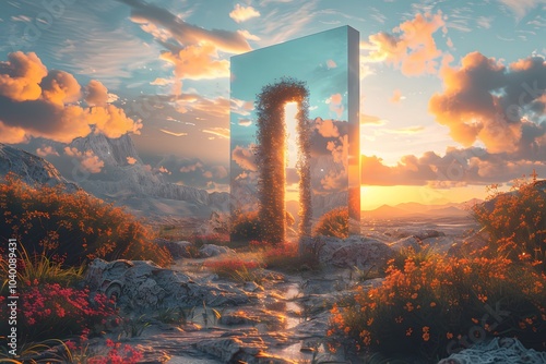 Enchanted Portal at Sunset: A Surreal Landscape of Nature and Reflection photo