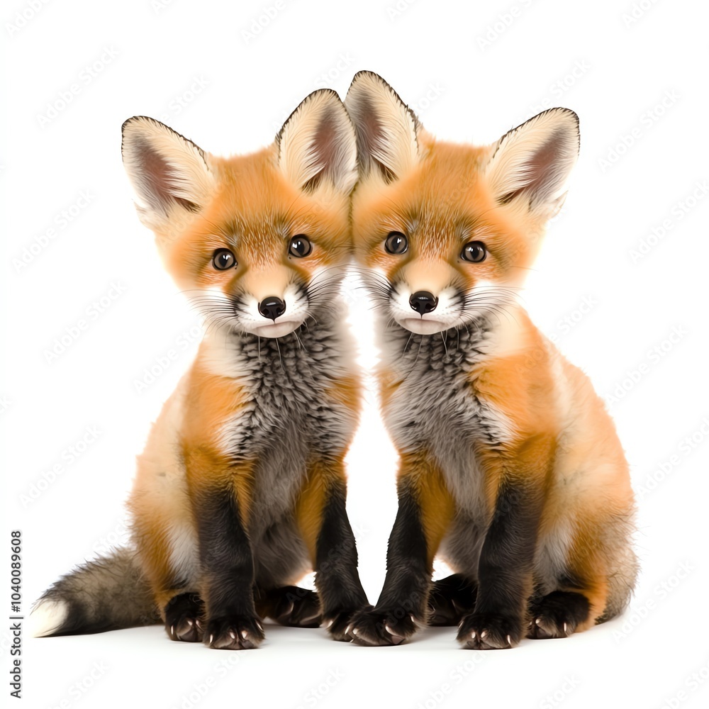 Obraz premium Two adorable red fox cubs sit side by side, showcasing their fluffy fur and playful expressions.