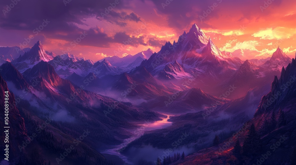 Obraz premium A beautiful view of the mountains at dusk, with the last rays of sunlight lighting up the peaks and the sky slowly turning purple and orange.