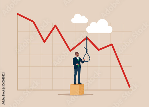 Despairing man wants to hang himself on a graph down. The stock market crashed during a crisis or the bubble burst. Investment risk or economic recession. 