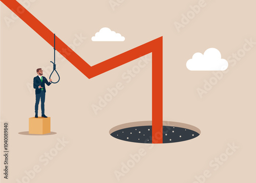 Businessman wants to hang himself on a graph down. The stock market crashed during a crisis or the bubble burst. Flat vector illustration
