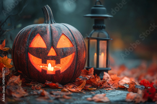 Generative AI photo of funny halloween pumpkins outdoors horror autumn night decor photo