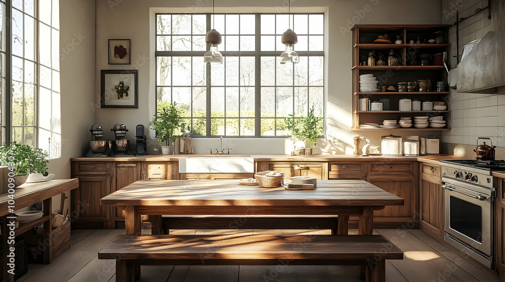 Rustic Wooden Dining Table with Benches Set in a Cozy Indoor Setting Rustic Wooden Dining Table with Benches Set in a Cozy Indoor Setting