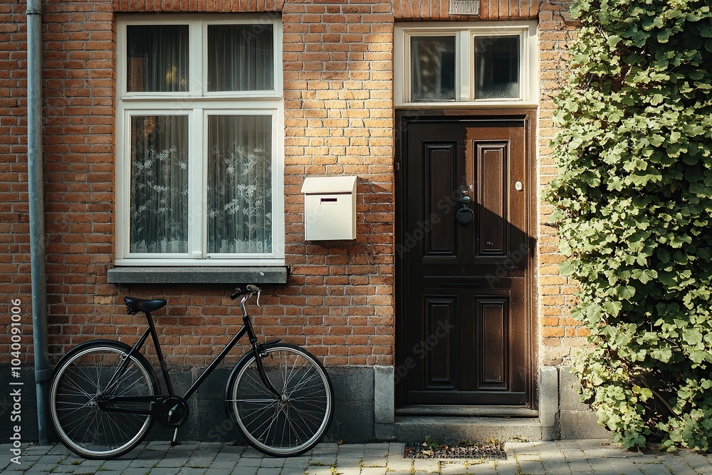 front view brick house with dark brown door, window and black bike next to the wall front view brick house with dark brown door, window and black bike next to the wall
