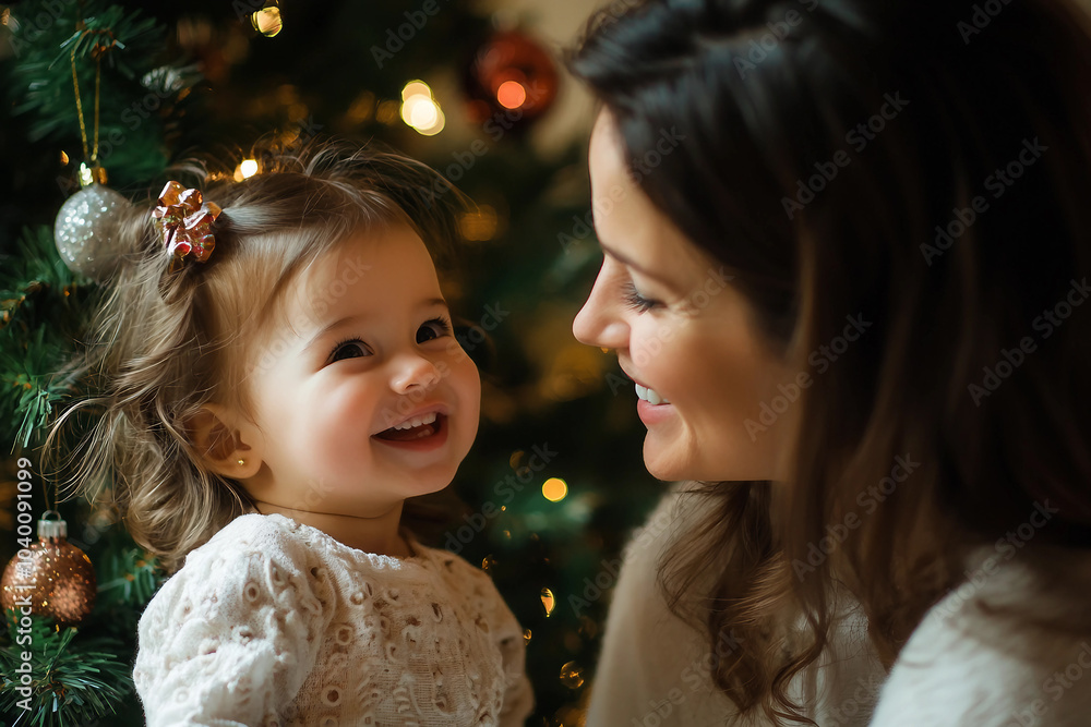 Generative AI image of mother father child couple family together by decorated Christmas tree holiday celebration themes Generative AI image of mother father child couple family together by decorated Christmas tree holiday celebration themes