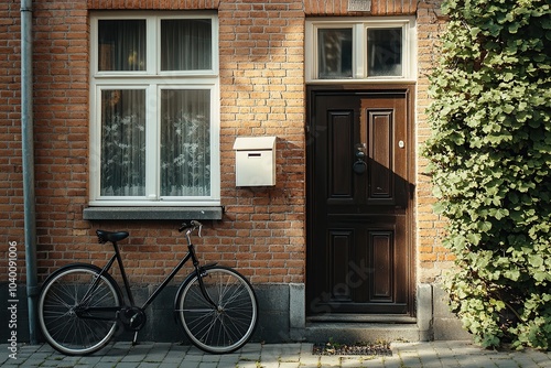 front view brick house with dark brown door, window and black bike next to the wall
