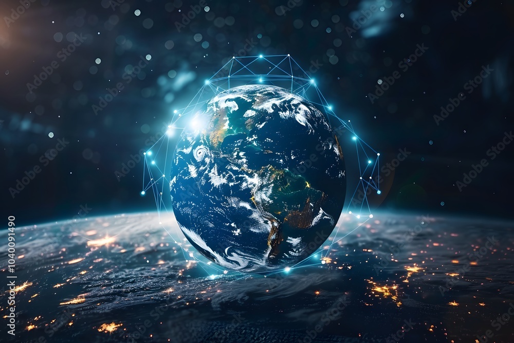 Stunning Visualization of Earth Surrounded by Digital Connections in Space Stunning Visualization of Earth Surrounded by Digital Connections in Space