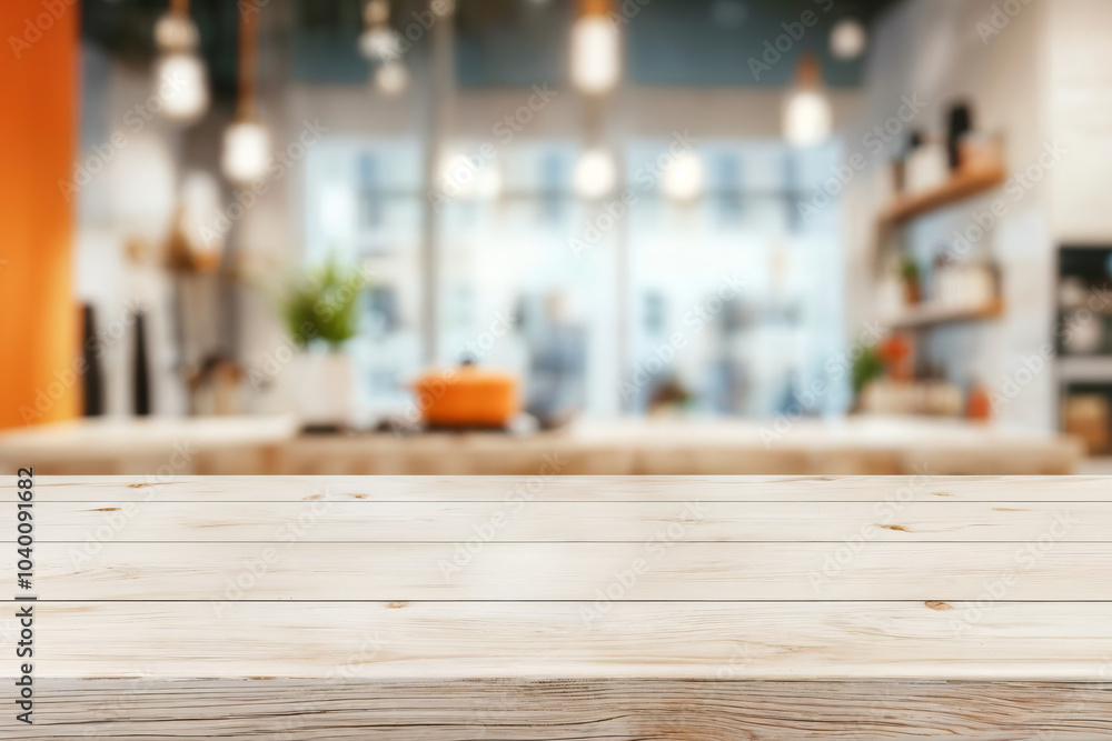 Empty wooden tabletop over blurred modern kitchen background, product display montage Empty wooden tabletop over blurred modern kitchen background, product display montage