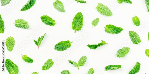 Fresh mint leaves scattered on a white background create a vibrant and aromatic pattern for culinary inspiration