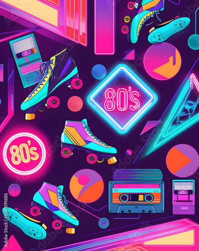 A vibrant celebration of 80s roller skating culture with neon colors and retro items in a playful design