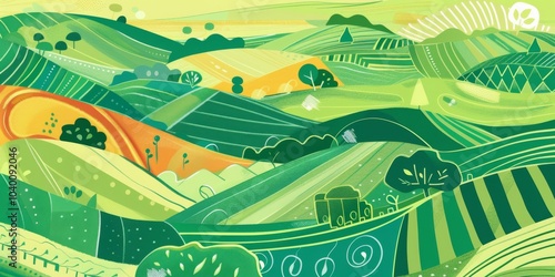 A vibrant collage of abstract farm fields showcasing a green rural landscape in an eco-friendly design for nature enthusiasts
