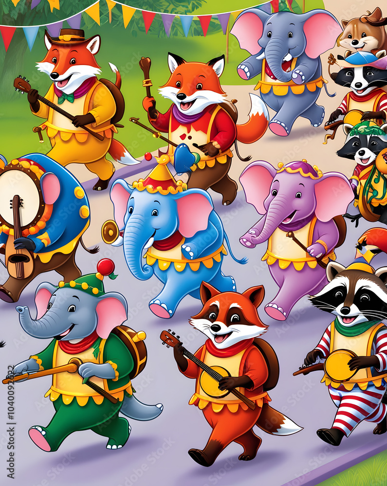 Naklejka premium Colorful parade of friendly animals in a vibrant celebration filled with music and joy