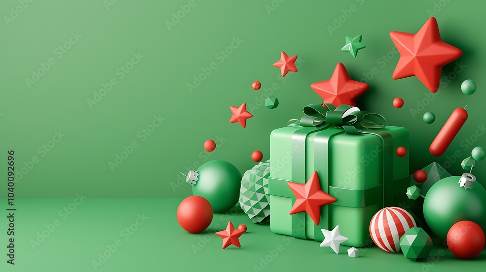 3D Festive Green Gift Box with Decorations for Christmas 3D Festive Green Gift Box with Decorations for Christmas