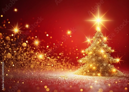 Minimalist Christmas Scene with Golden Particles and Stardust on Gradient Red Background