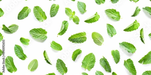 A vibrant scattering of fresh mint leaves on a white background showcasing nature’s artistry in a top view perspective