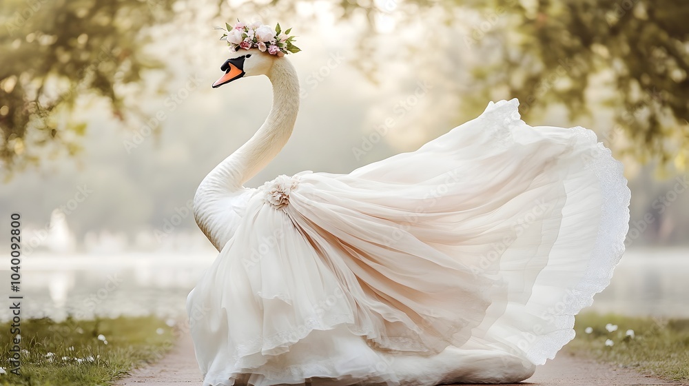 Obraz premium A majestic swan glides with elegant poise through an idyllic lakeside promenade adorned in a billowing chiffon gown and a delicate floral crown The scene exudes a romantic