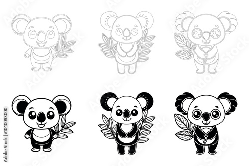 Cute Cartoon Koala Illustrations With Leaves Designed for Coloring Activities at Home